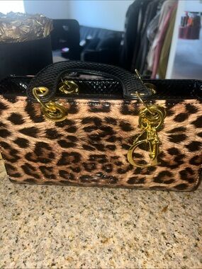 Leopard Print Patent Leather Top-Handle Bag with Gold Hardware